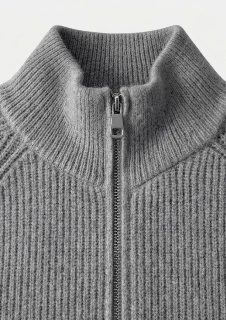 Cardigan da uomo in maglia con zip, texture a coste e collo alto