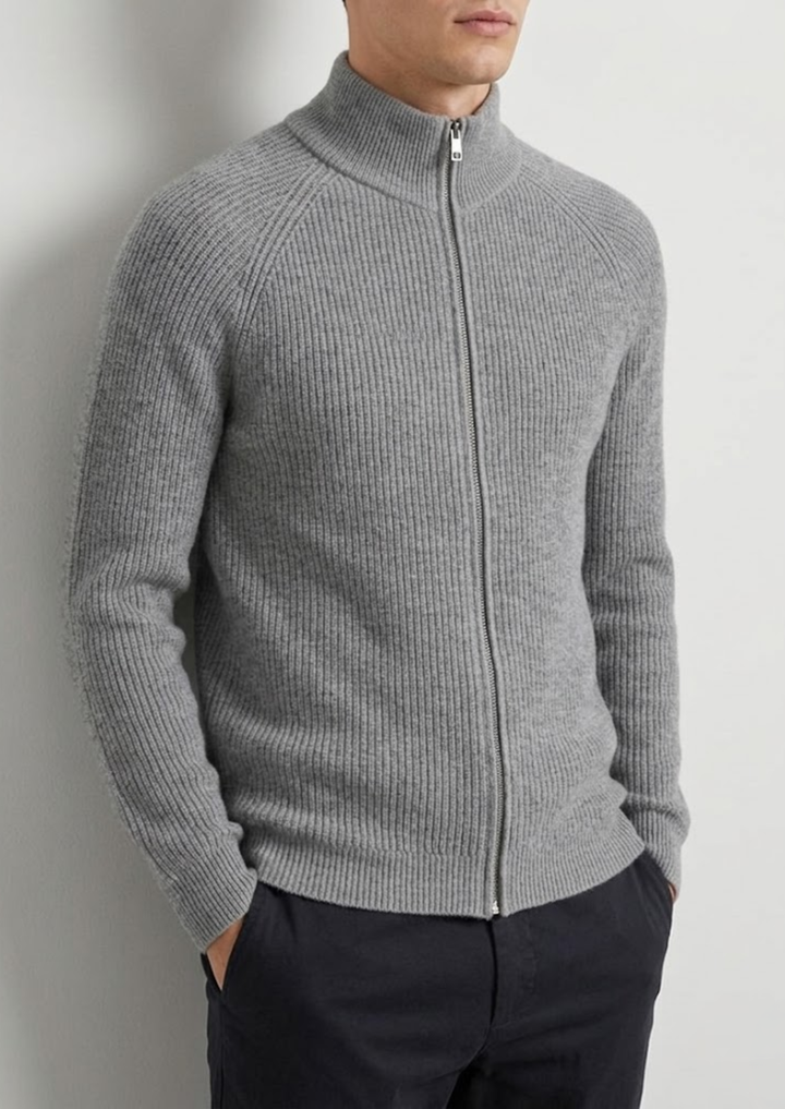 Cardigan da uomo in maglia con zip, texture a coste e collo alto