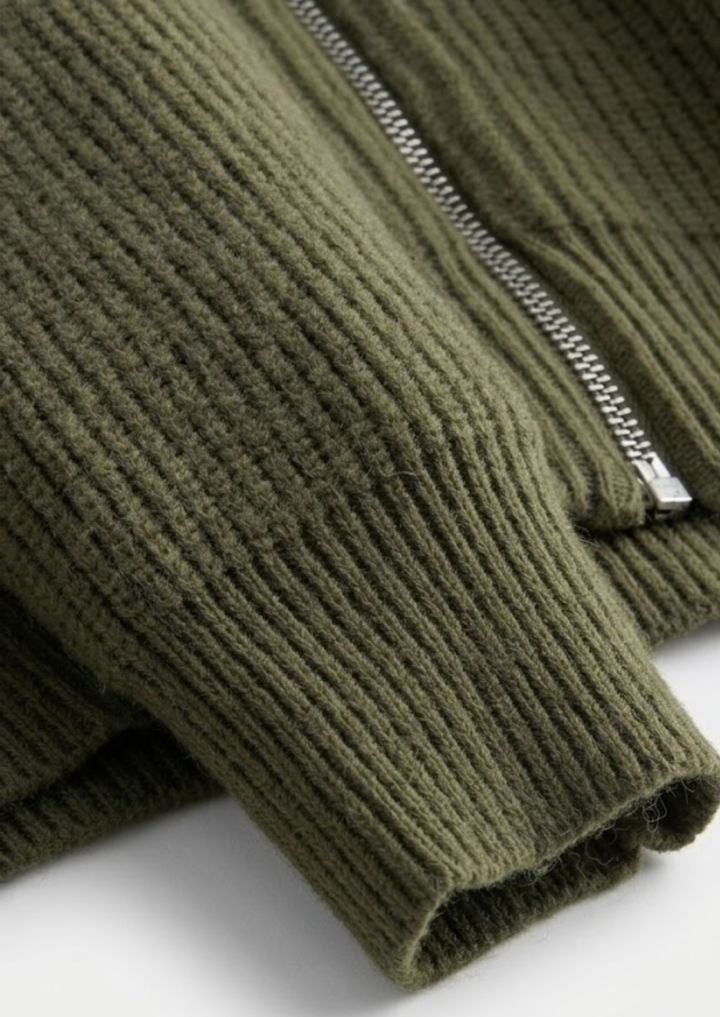Cardigan da uomo in maglia con zip, texture a coste e collo alto