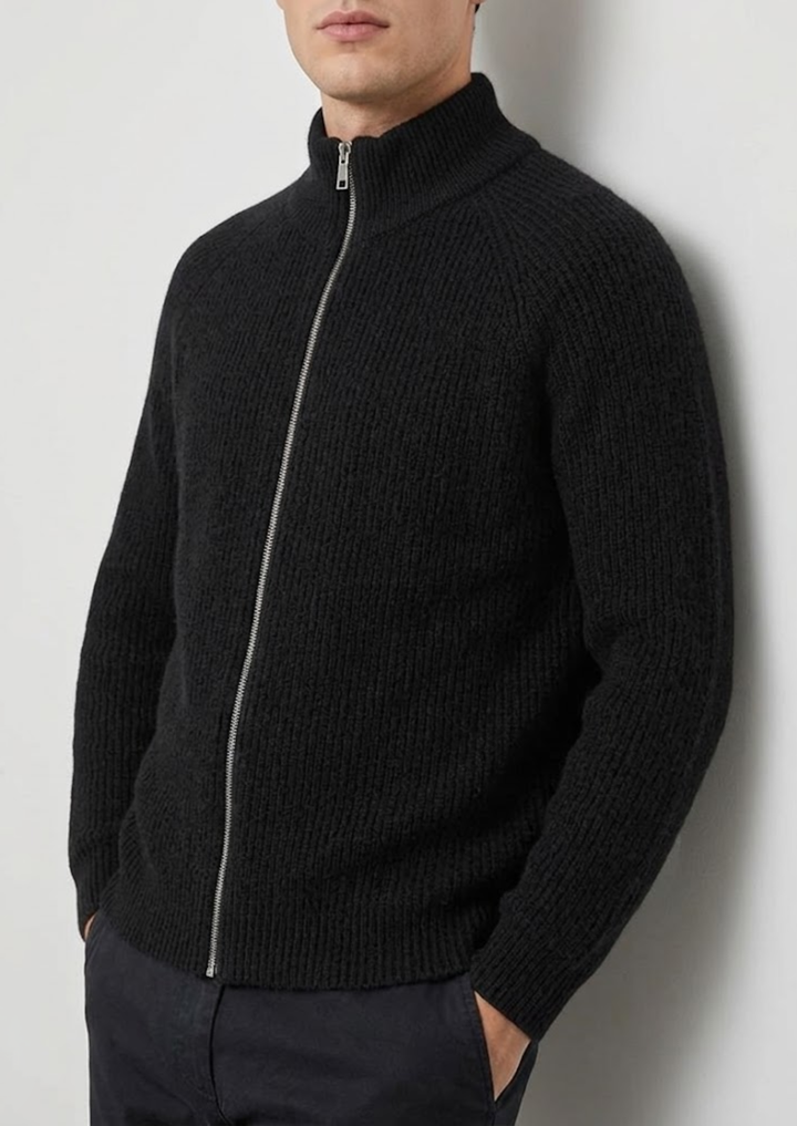 Cardigan da uomo in maglia con zip, texture a coste e collo alto