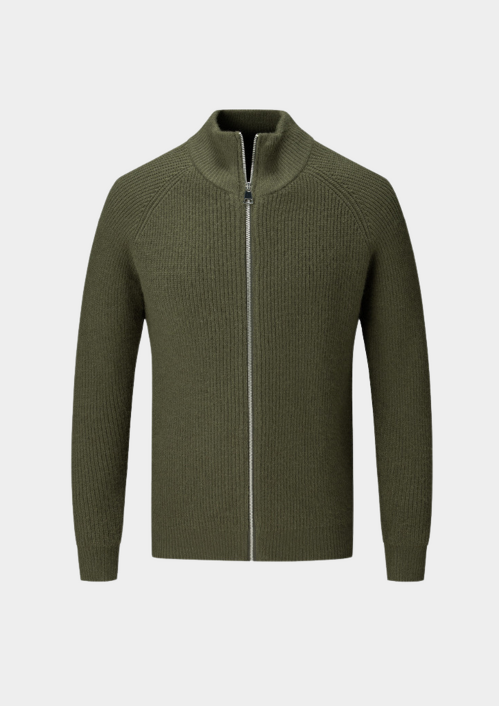 Cardigan da uomo in maglia con zip, texture a coste e collo alto