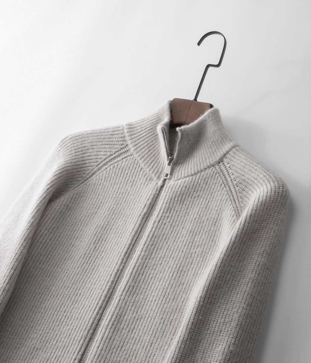 Cardigan da uomo in maglia con zip, texture a coste e collo alto