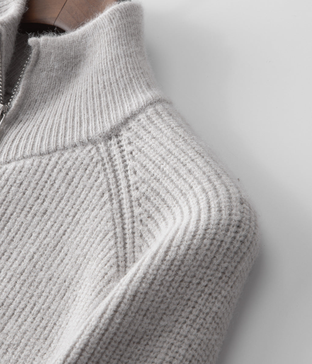 Cardigan da uomo in maglia con zip, texture a coste e collo alto