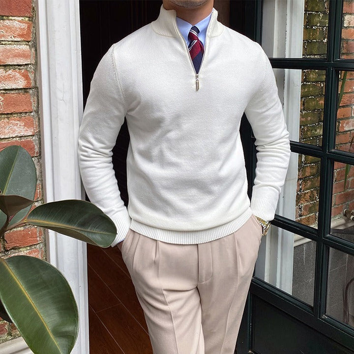 Men's Half-Zip Knit Sweater with Ribbed Trim and Stand Collar