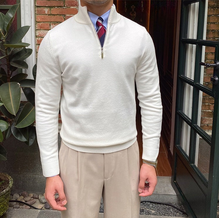 Men's Half-Zip Knit Sweater with Ribbed Trim and Stand Collar