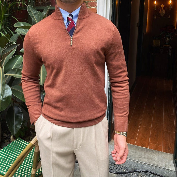 Men's Half-Zip Knit Sweater with Ribbed Trim and Stand Collar
