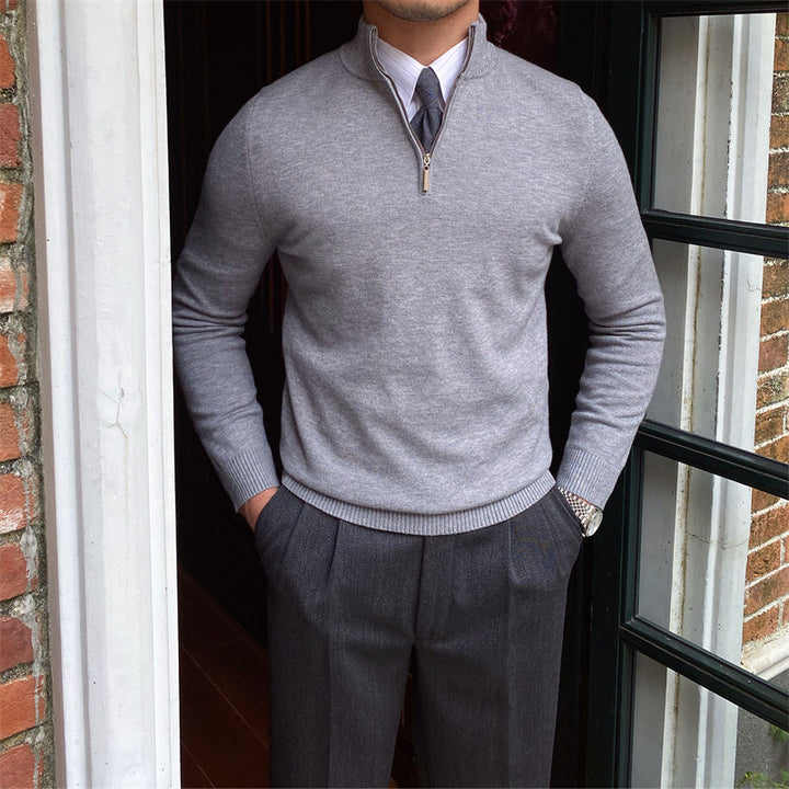 Men's Half-Zip Knit Sweater with Ribbed Trim and Stand Collar