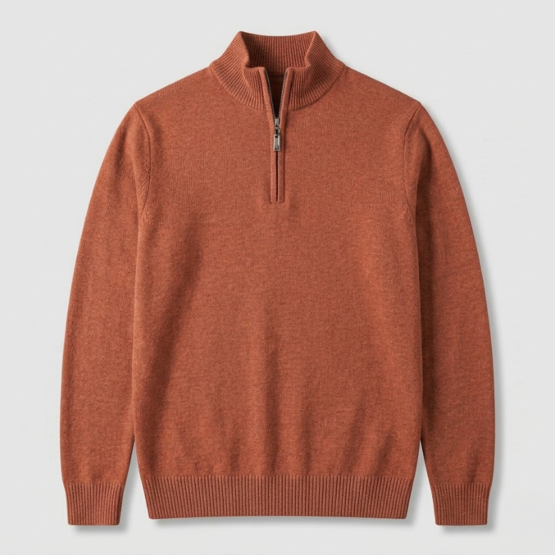 Men's Half-Zip Knit Sweater with Ribbed Trim and Stand Collar