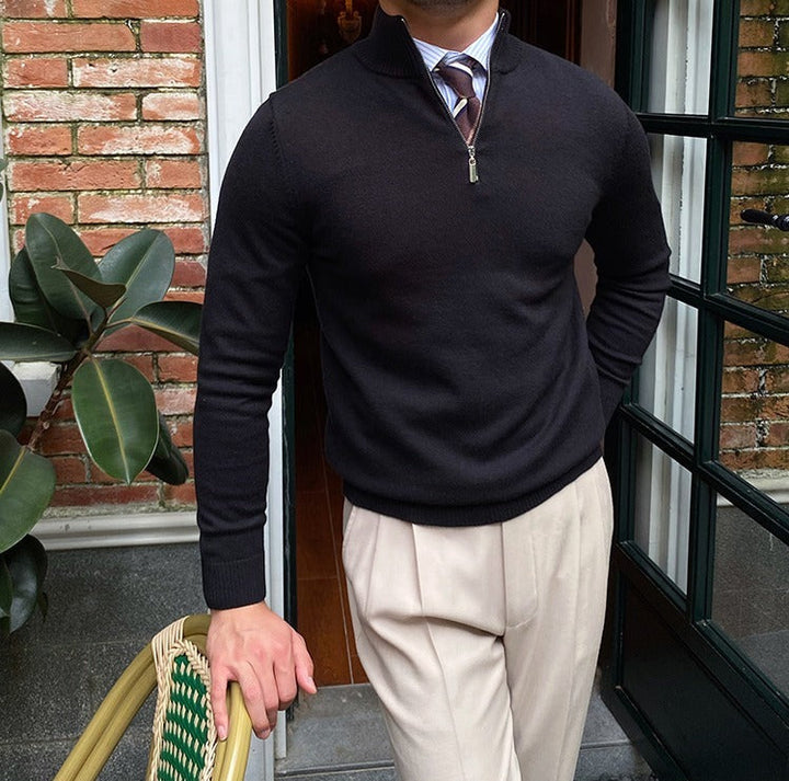 Men's Half-Zip Knit Sweater with Ribbed Trim and Stand Collar