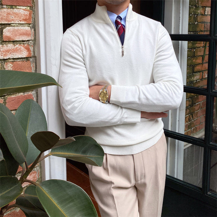 Men's Half-Zip Knit Sweater with Ribbed Trim and Stand Collar