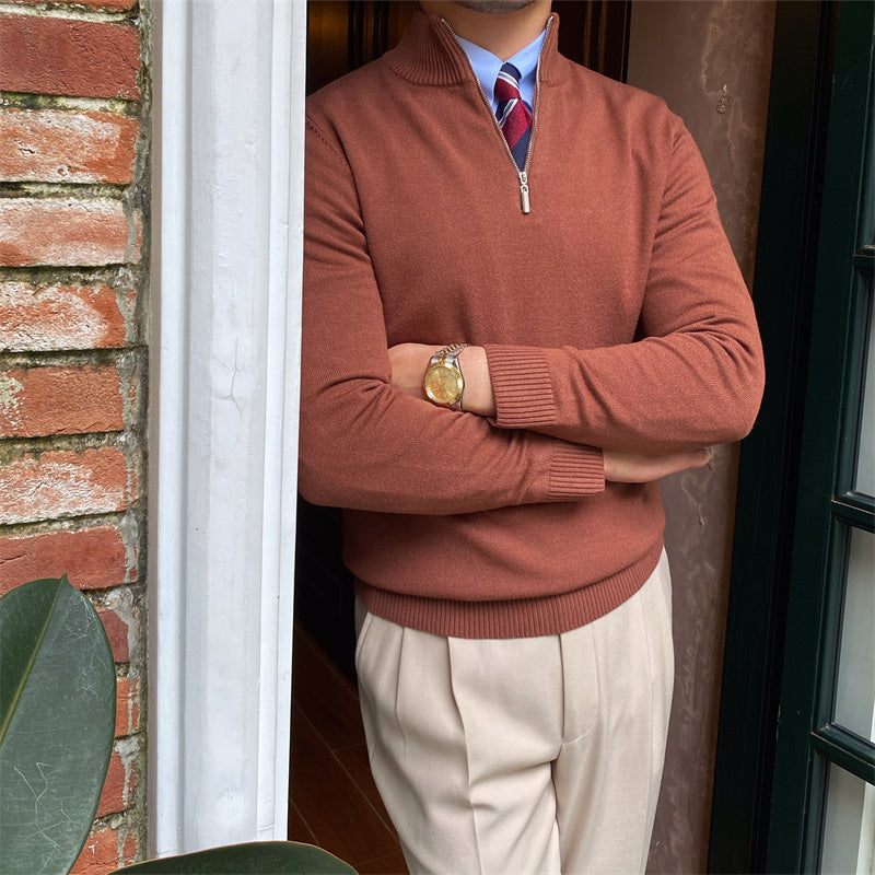 Men's Half-Zip Knit Sweater with Ribbed Trim and Stand Collar