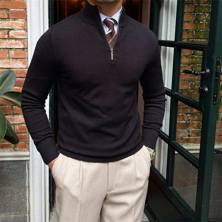 Men's Half-Zip Knit Sweater with Ribbed Trim and Stand Collar