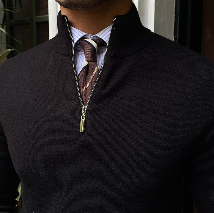 Men's Half-Zip Knit Sweater with Ribbed Trim and Stand Collar