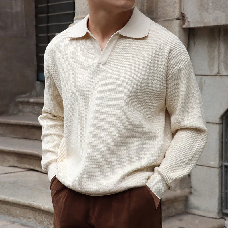 Men’s Cotton-Knit Polo Shirt with V-Neck and Wide Flat Collar