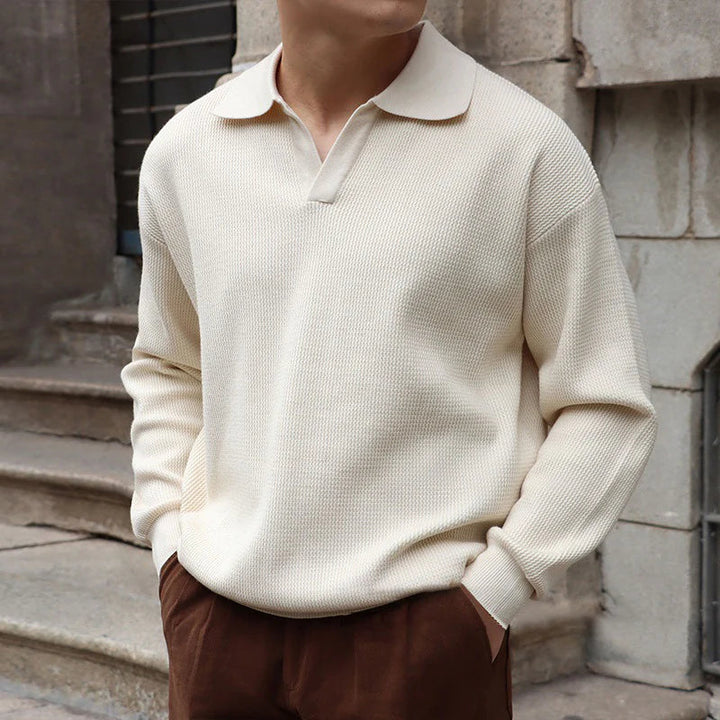 Men’s Cotton-Knit Polo Shirt with V-Neck and Wide Flat Collar