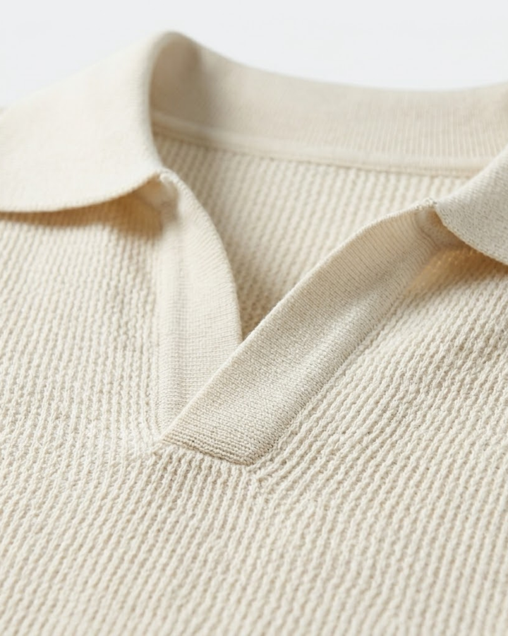 Men’s Cotton-Knit Polo Shirt with V-Neck and Wide Flat Collar