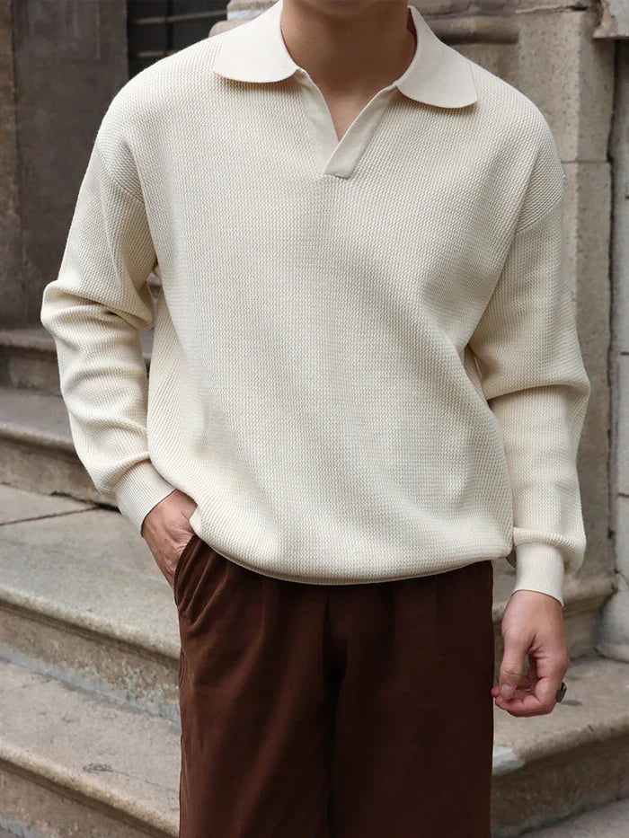 Men’s Cotton-Knit Polo Shirt with V-Neck and Wide Flat Collar