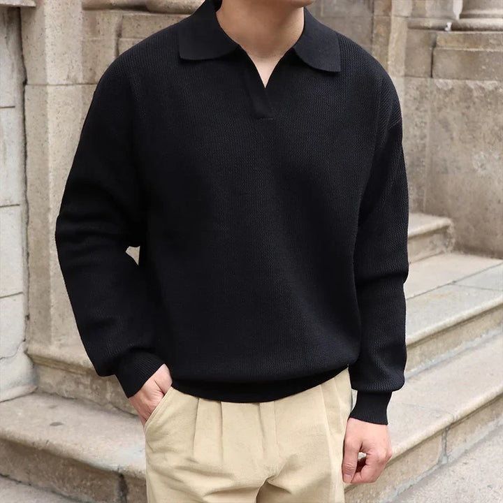 Men’s Cotton-Knit Polo Shirt with V-Neck and Wide Flat Collar