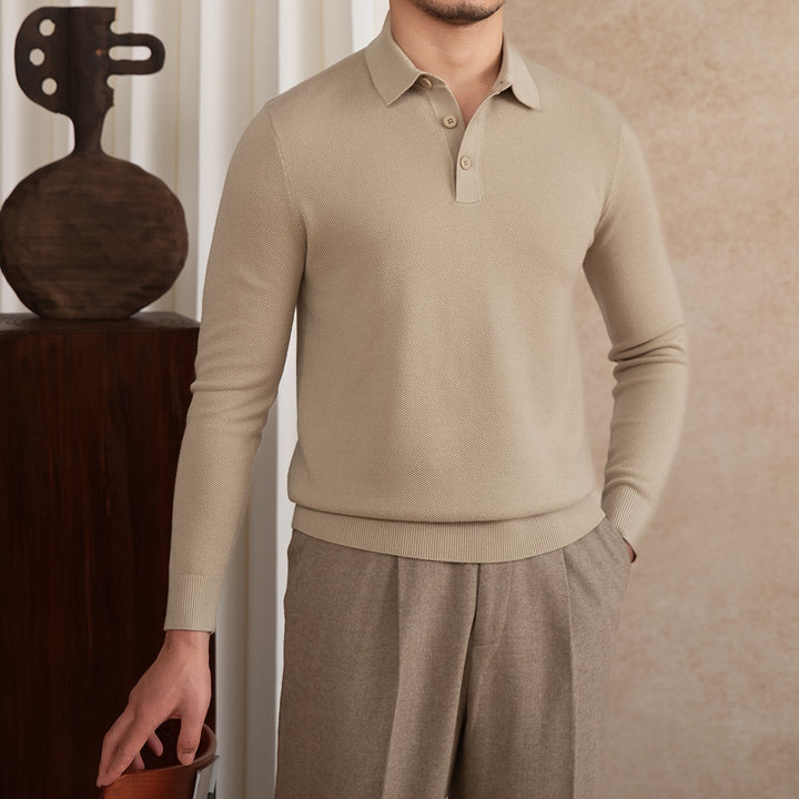 Polo da uomo a maniche lunghe in maglia con colletto abbottonato e bordi a coste
