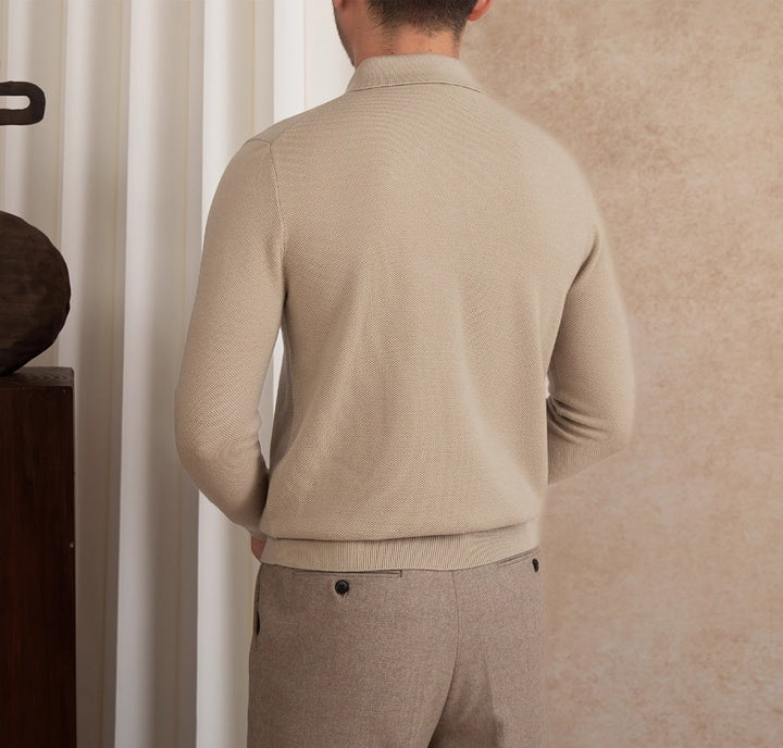 Polo da uomo a maniche lunghe in maglia con colletto abbottonato e bordi a coste