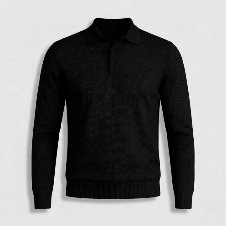 Polo da uomo a maniche lunghe in maglia con colletto abbottonato e bordi a coste