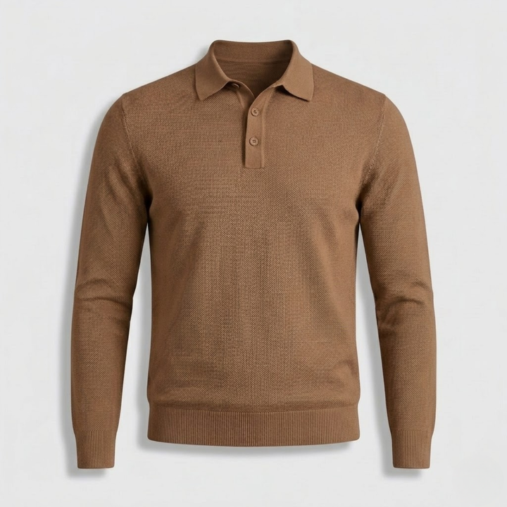 Polo da uomo a maniche lunghe in maglia con colletto abbottonato e bordi a coste