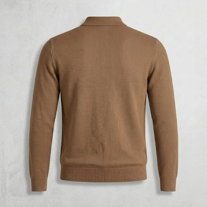 Polo da uomo a maniche lunghe in maglia con colletto abbottonato e bordi a coste