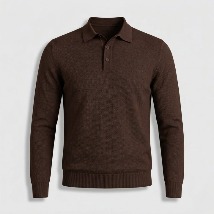Polo da uomo a maniche lunghe in maglia con colletto abbottonato e bordi a coste