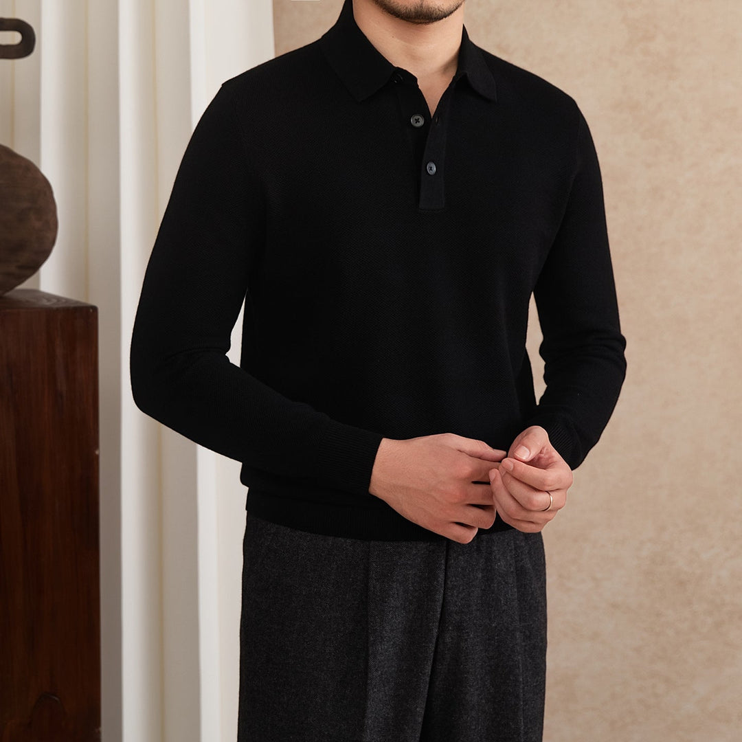 Polo da uomo a maniche lunghe in maglia con colletto abbottonato e bordi a coste
