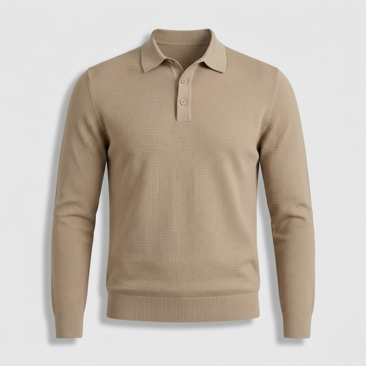 Polo da uomo a maniche lunghe in maglia con colletto abbottonato e bordi a coste