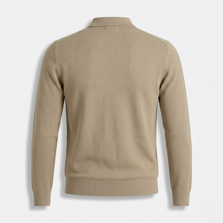 Polo da uomo a maniche lunghe in maglia con colletto abbottonato e bordi a coste