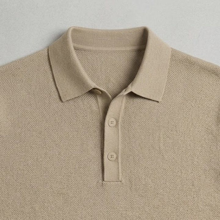 Polo da uomo a maniche lunghe in maglia con colletto abbottonato e bordi a coste