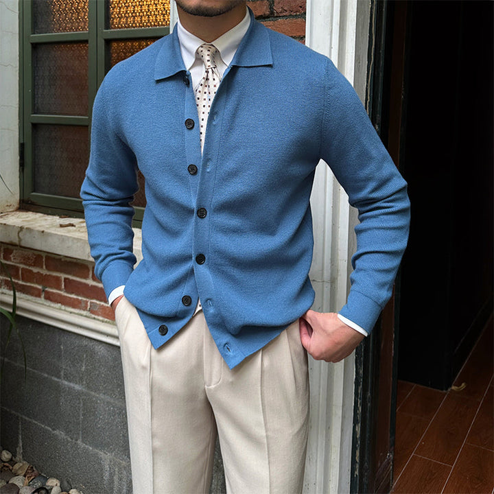 Herrenstrickjacke aus Wollmischung mit Hemdkragen, Knöpfen und langen Ärmeln