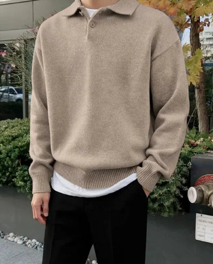 Pull Homme Col Polo en Maille avec Boutons et Bordures Côtelées