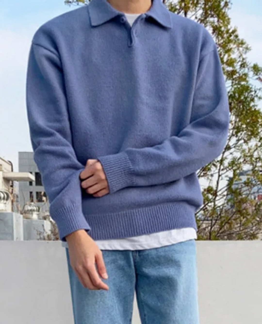 Pull Homme Col Polo en Maille avec Boutons et Bordures Côtelées