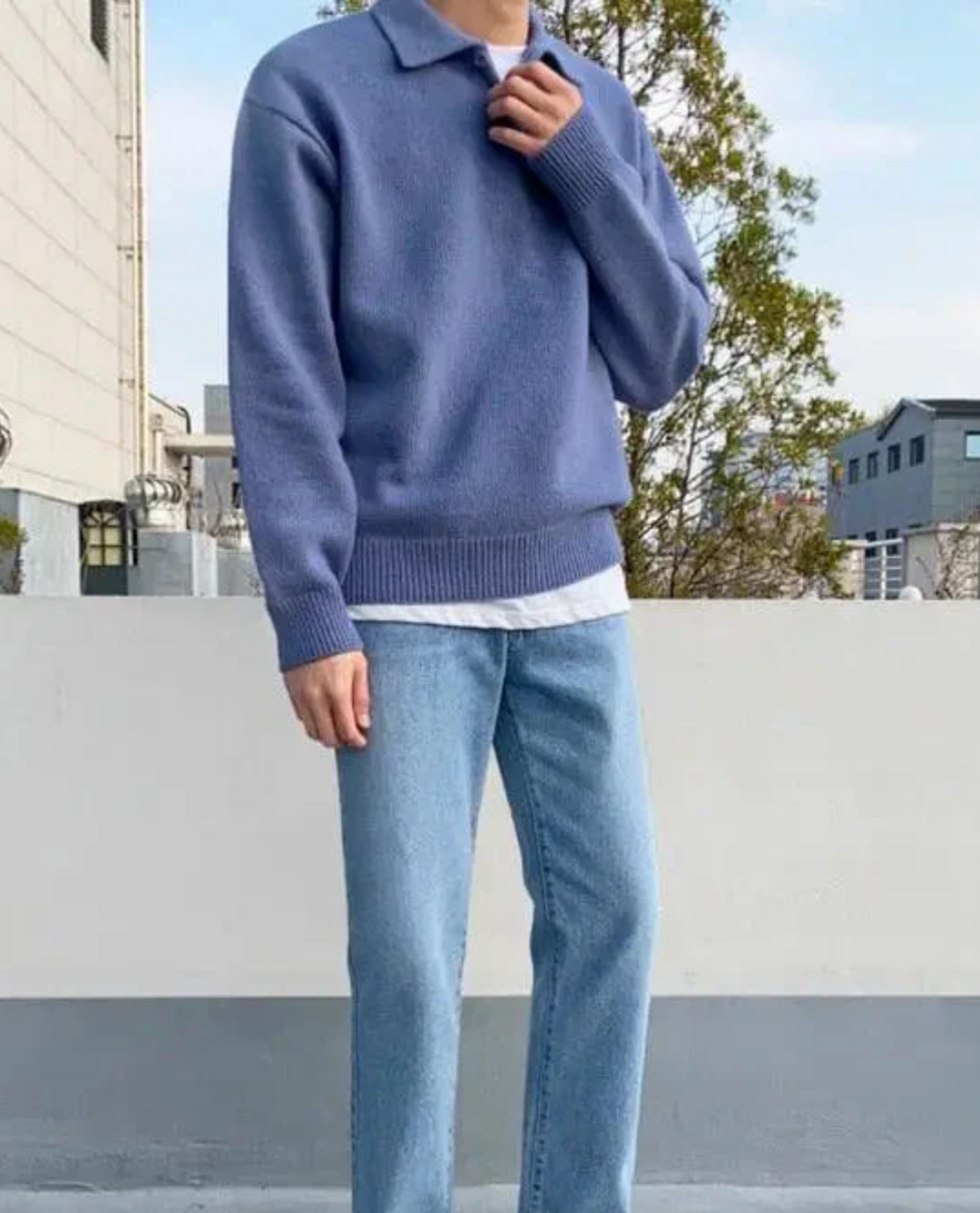 Pull Homme Col Polo en Maille avec Boutons et Bordures Côtelées
