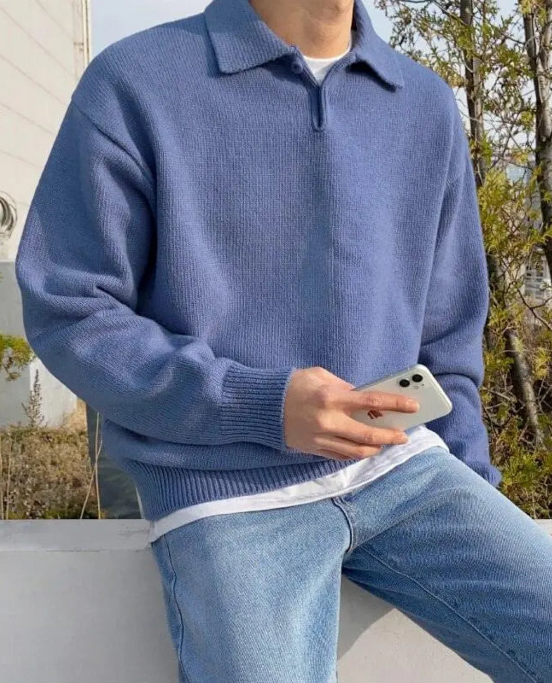 Pull Homme Col Polo en Maille avec Boutons et Bordures Côtelées