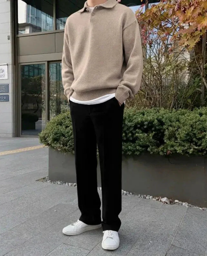 Pull Homme Col Polo en Maille avec Boutons et Bordures Côtelées