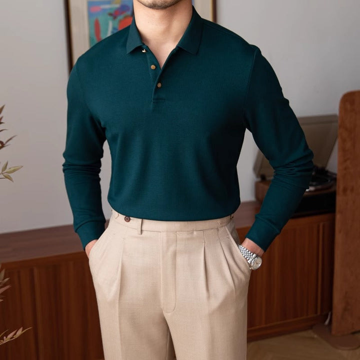 Men’s Long-Sleeve Textured Knit Polo Shirt with Button Placket
