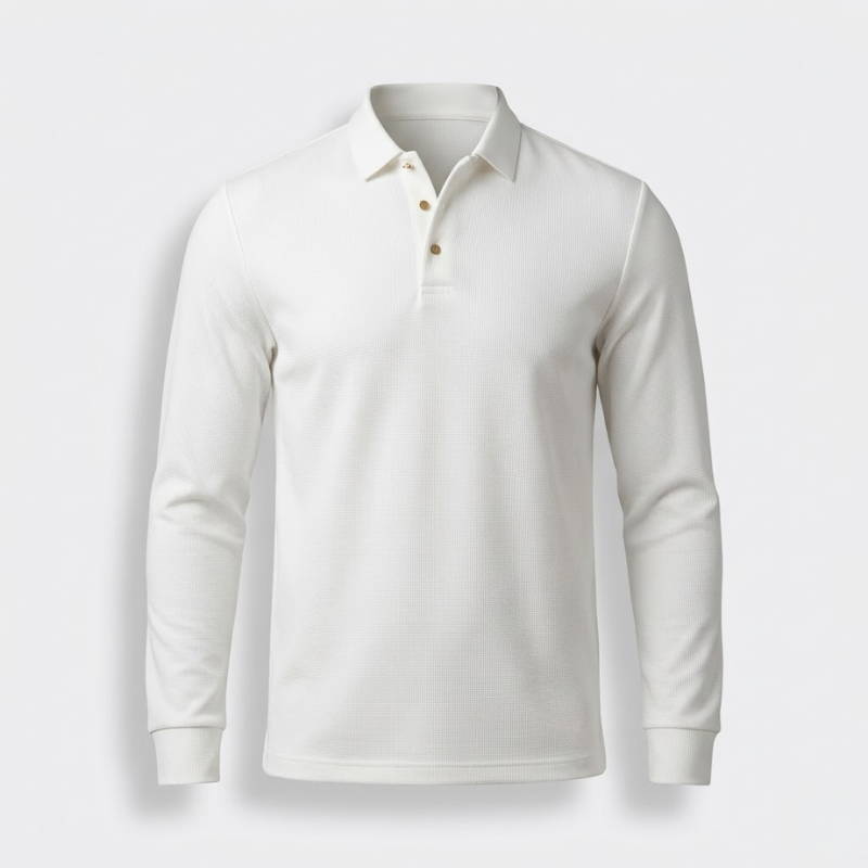 Men’s Long-Sleeve Textured Knit Polo Shirt with Button Placket