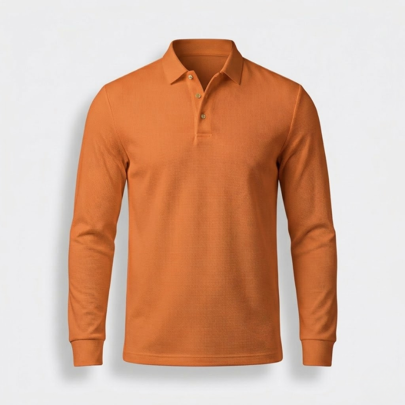 Men’s Long-Sleeve Textured Knit Polo Shirt with Button Placket