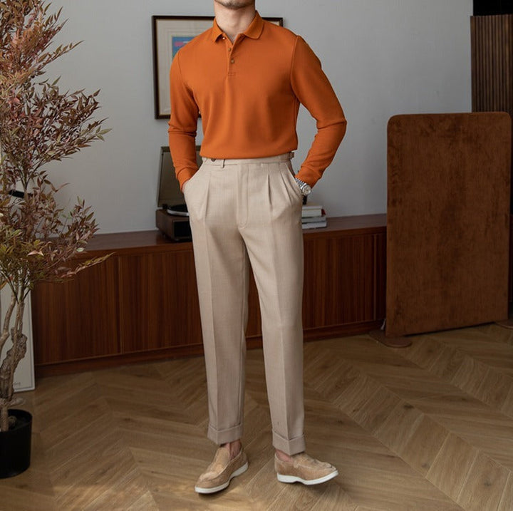 Men’s Long-Sleeve Textured Knit Polo Shirt with Button Placket