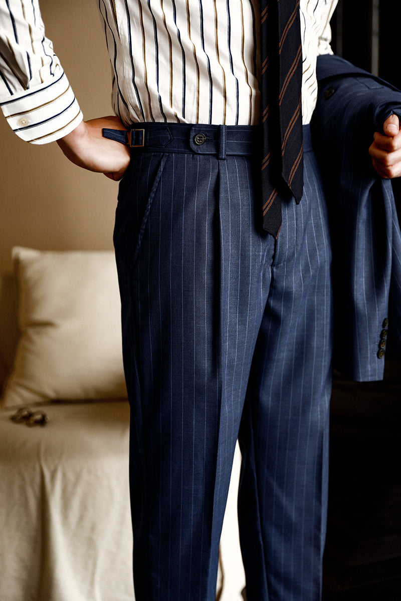 Men's Tennis-Stripe Trousers with Straight Leg and Pleated Front