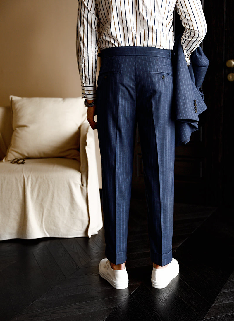 Men's Tennis-Stripe Trousers with Straight Leg and Pleated Front