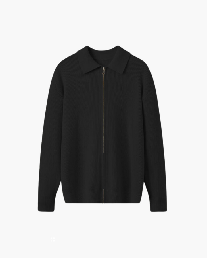 Men's Fine-Knit Cardigan with Zipper Closure and Shirt Collar