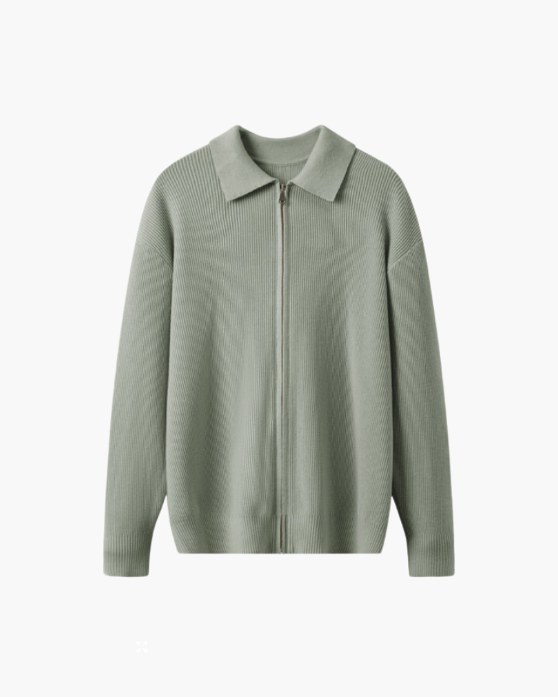 Men's Fine-Knit Cardigan with Zipper Closure and Shirt Collar