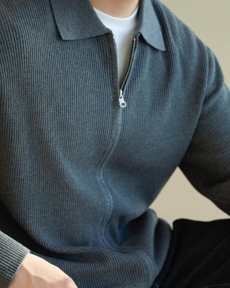 Men's Fine-Knit Cardigan with Zipper Closure and Shirt Collar
