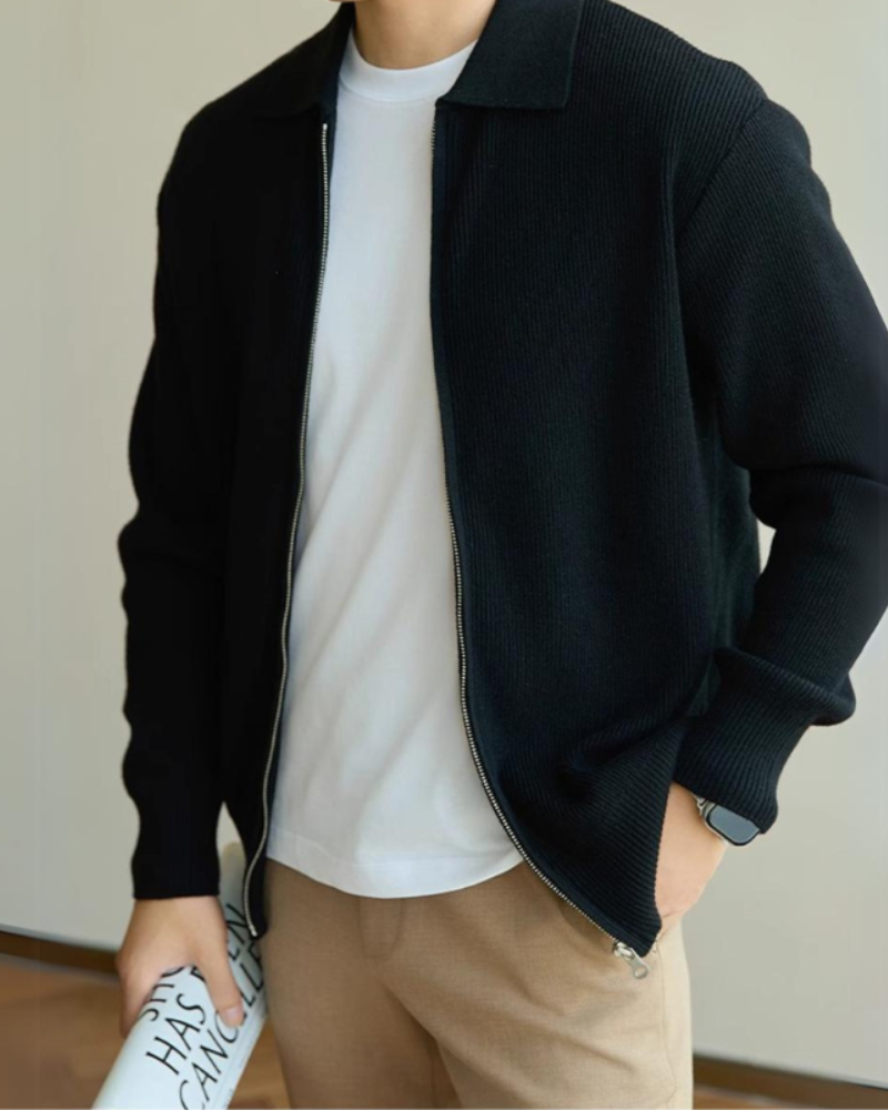 Men's Fine-Knit Cardigan with Zipper Closure and Shirt Collar