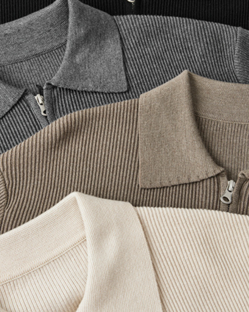Men's Fine-Knit Cardigan with Zipper Closure and Shirt Collar