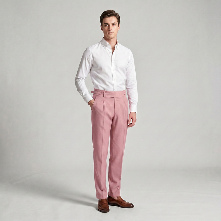 Herenpantalon met hoge taille, dubbele plooien en gespband